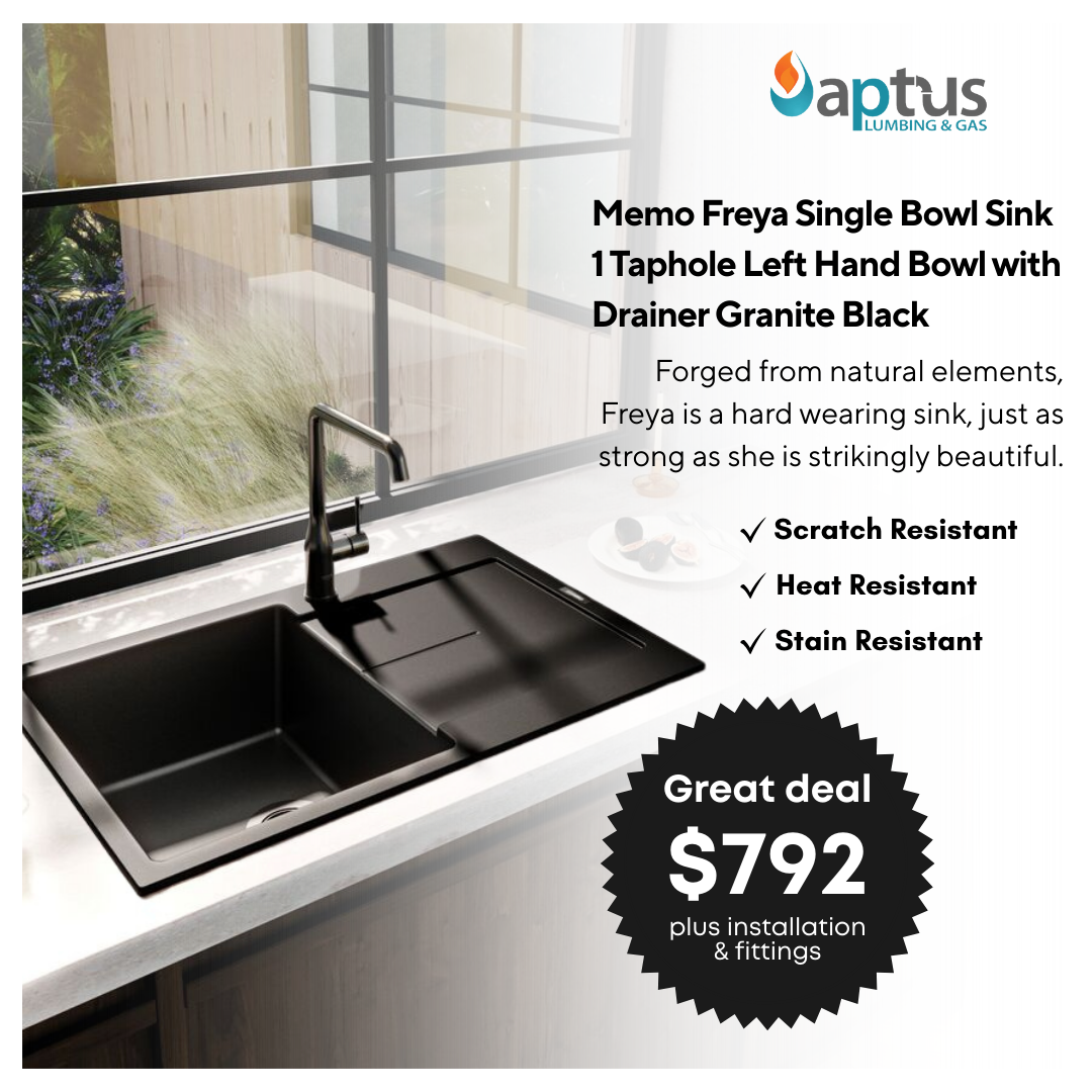 Memo Freya Single Bowl Sink 1 Taphole Left Hand Bowl with Drainer Granite Black