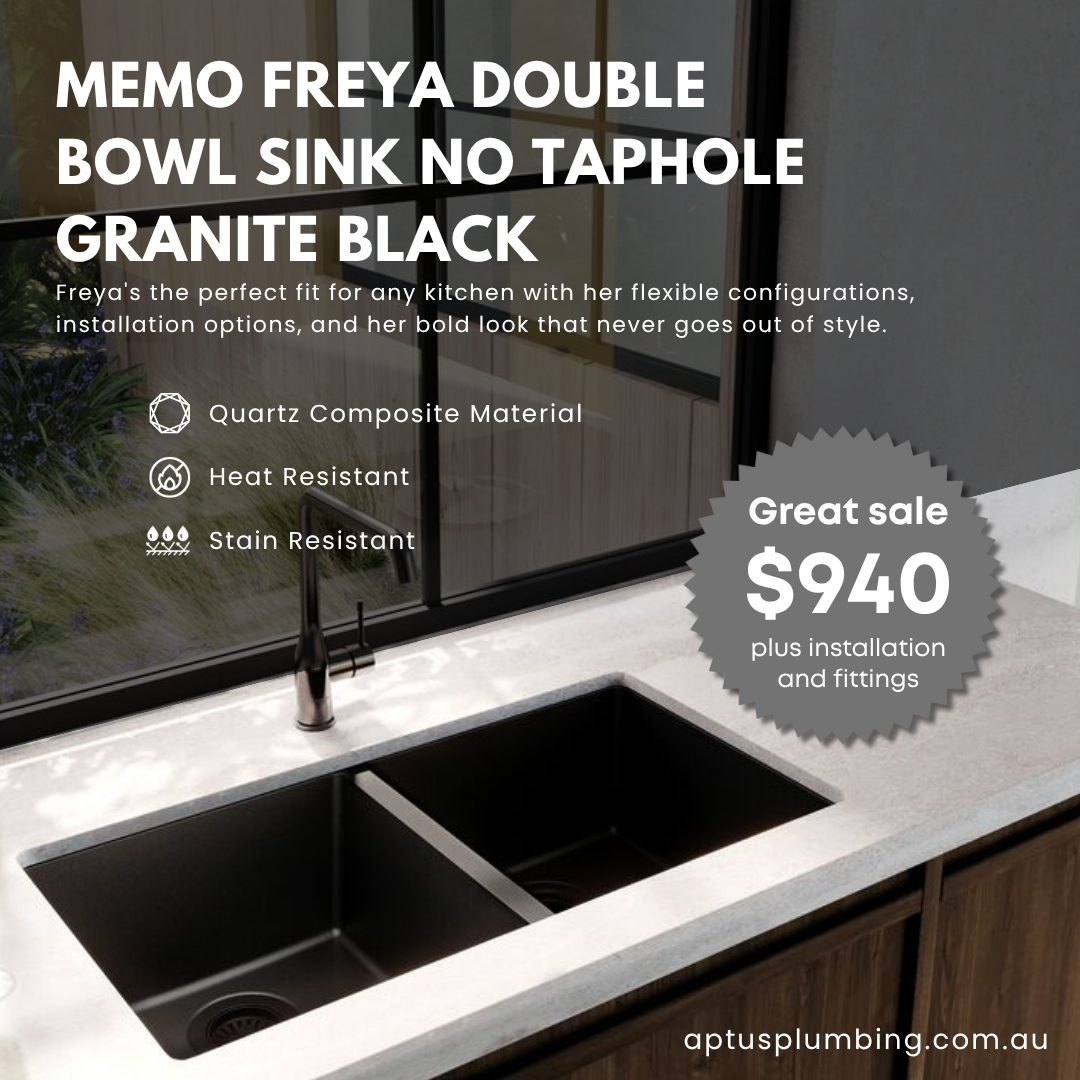 Memo Freya Double Bowl Sink No Taphole Granite Black