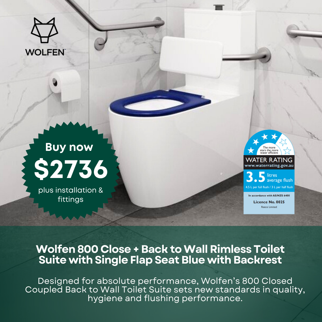 Wolfen 800 Close + Back to Wall Rimless Toilet Suite with Single Flap Seat Blue with Backrest