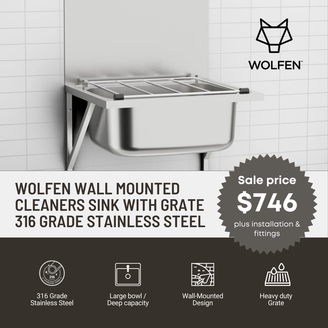 Wolfen Wall Mounted Cleaners Sink with Grate 316 Grade Stainless Steel
